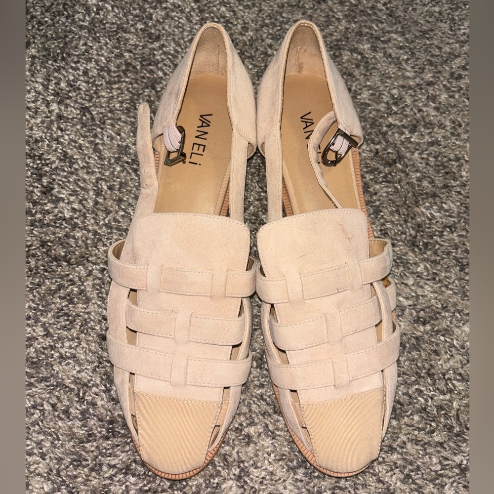 Vaneli Suade Tan/Pink Low Heel Sandles